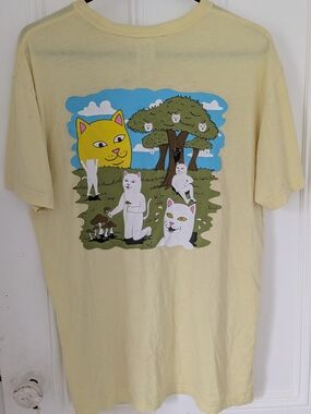Ripndip Yellow Graphic Cat Tee with Playful Cats & Shrooms